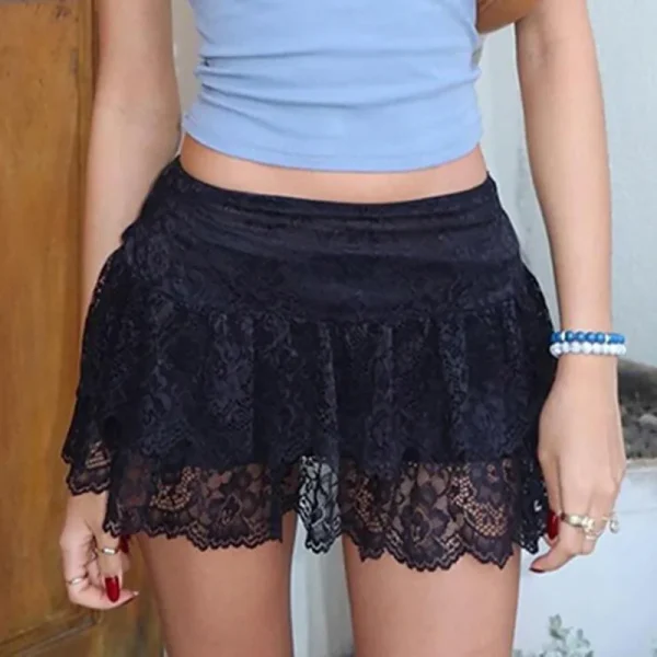 Gonna in tulle di pizzo Minigonna a trapezio Minigonna nera solida a vita bassa Pantaloncini di pizzo a strati Gonne Gonna micro Boho Fairycore bianca da donna 2