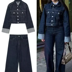 HH Set di pantaloni da giacca di jeans vintage da donna Cappotto monopetto con risvolto a maniche lunghe Pantaloni a gamba larga Jeans Abiti da strada 1