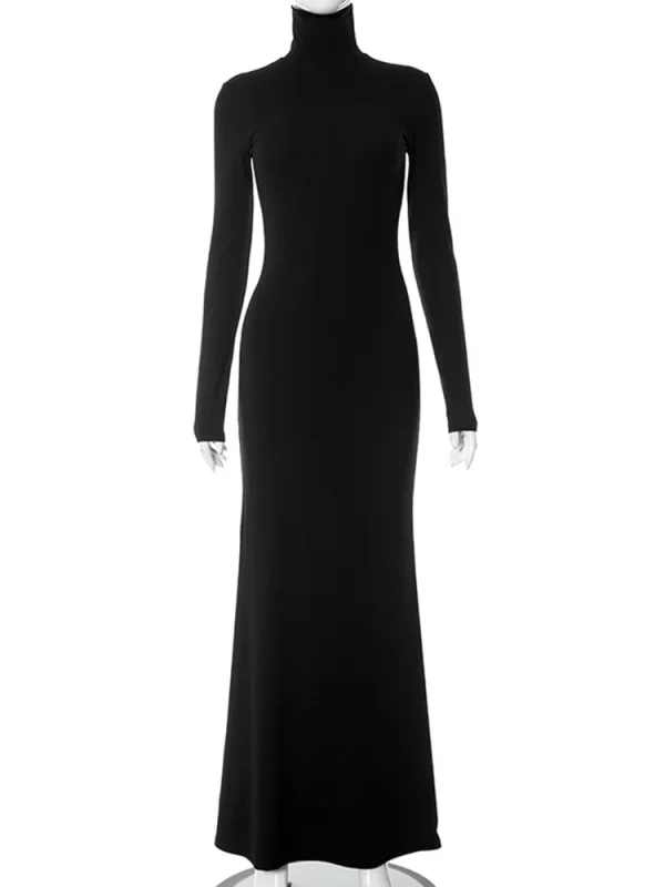 Ahagaga Fashion Solid Women Maxi Dresses elegante dolcevita Sexy manica intera Casual Slim Bodycon Vestidos Party Robe manica intera 6
