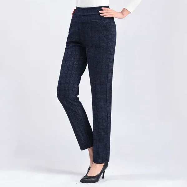 Autunno inverno 5XL addensare pantaloni dritti scozzesi Vintage All-match Casual Slim vita alta elastico donna moda pantaloni a matita 2