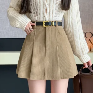 2024 Autunno e Inverno Mini Gonna a pieghe Moda donna Streetwear A-line Skater Kawaii Gonne con cintura Ragazza della scuola coreana Saia 1