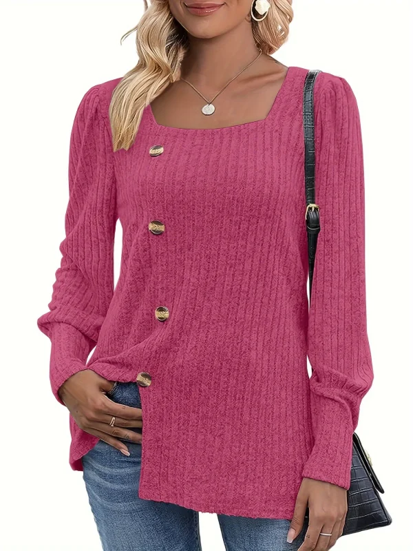 Maglione lavorato a maglia a costine con collo quadrato solido, maglione diviso a maniche lunghe con bottoni casual per la primavera e l'autunno, abbigliamento da donna 5