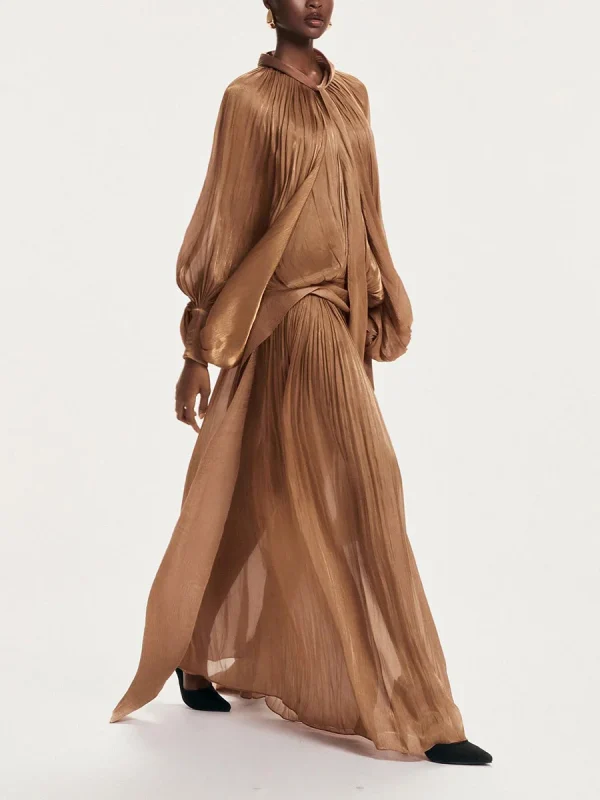 VGH Minimalista Pieghe Impiombate Maxi Abiti per Le Donne Sciarpa Colletto Manica Lanterna Vita Allentata Temperamento Casual Vestito Femminile Nuovo 2