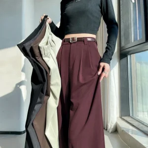 2025 Pantaloni a gamba larga da donna allentati della nuova primavera estate Pantaloni casual dritti eleganti femminili a vita alta rossi 1