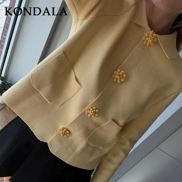 KONDALA 2025 Autunno Inverno Burro Giallo Lavorato A Maglia Donne Giubbotti Moda Streetwear Couverture Colletto Solido Bottone Dritto Cappotti Della Signora 5