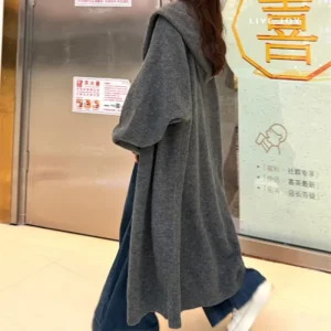 Nuova moda giacca maglione grigio per autunno e inverno Cardigan lavorato a maglia con cappuccio allentato stile lungo per donna maglione nero XXL 1