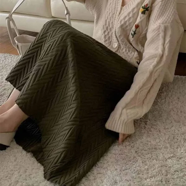 Gonne longuette a vita alta dal design coreano Donna Autunno Inverno Addensare Gonna morbida lavorata a maglia Donna Elegante trama Gonne lunghe di fascia alta 3