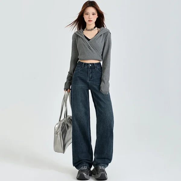Jeans casual da donna vestibilità rilassata stile vintage pantaloni a gamba larga a vita alta pantaloni lunghi dritti drappeggiati pesanti autunno inverno 5