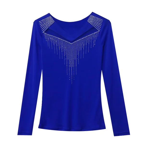 Nuovo 2025 Primavera Autunno a maniche lunghe V-Nek T-shirt da donna Moda Sexy Scava Fuori Hot Drilling Mesh Top Blusas 5