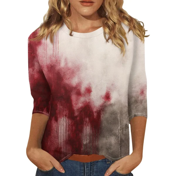 Halloween Elements T-shirt stampata da donna Moda Casual Girocollo Manica a 3/4 Sfumato rosso Tie-Dye Allentato Party Gathering Top 5