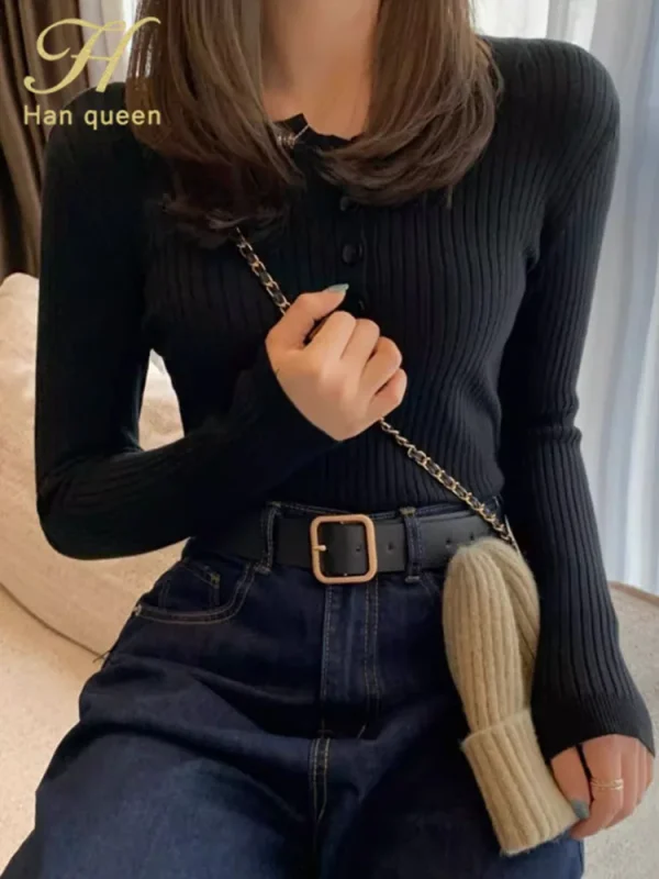 H Han Queen 2025 Vestiti autunnali Pullover di base Maglione da donna semplice Elasticità elegante Top da donna casual coreano a maniche lunghe 5