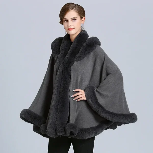 6 colori Scialle invernale Caldo e spesso Cappotto avvolgente con cappello Donna Pelliccia di coniglio sintetica Poncho allentato Mantello Cardigan a pendolo grande 4