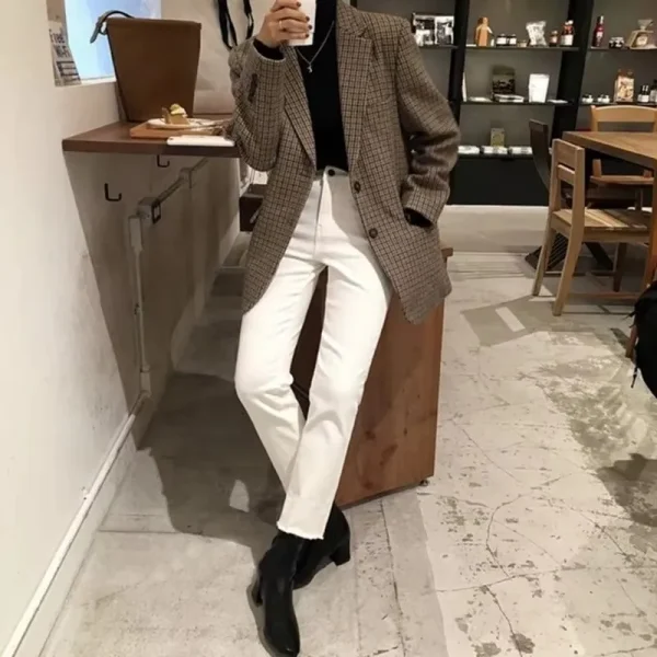 Giacca da abito in lana scozzese retrò Abbigliamento donna 2024 Primavera Autunno Blazer di grandi dimensioni Abito scozzese sottile da donna grasso Mm Nuovo nel cappotto 3
