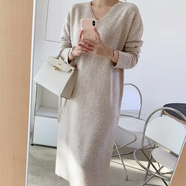 Abito lungo maglione donna 2024 autunno inverno nuovo scollo a V lavorato a maglia donna allentata maxi abito in cashmere abiti eleganti stile coreano 6