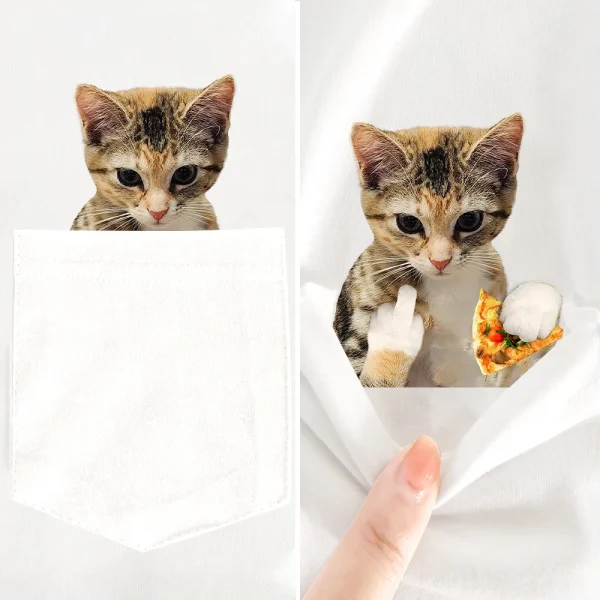 CLOOCL Gatti Divertenti T-shirt Simpatico Gattino Dito Medio Pizza Tasca T-shirt in cotone da uomo per donna Camicie a maniche corte Hip Pop Top 4