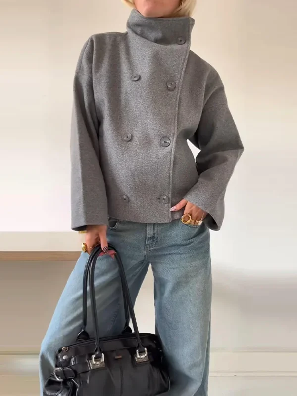 Cappotto tascabile a collo alto solido casual da donna capispalla a maniche lunghe doppiopetto allentato 2025 giacche da donna da ufficio autunno inverno 2025 4