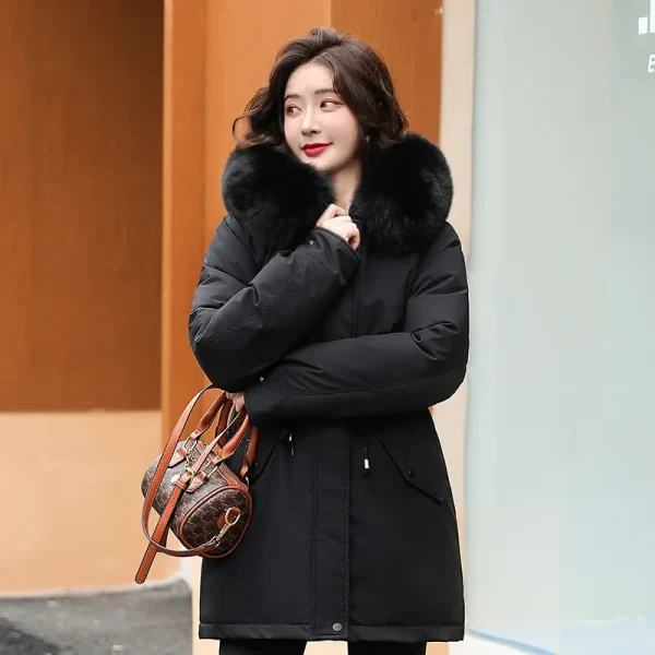 Parka da donna moda cappotto lungo fodera in lana Parka con cappuccio 2025 nuova giacca invernale sottile con collo in pelliccia abbigliamento da neve caldo imbottito 2