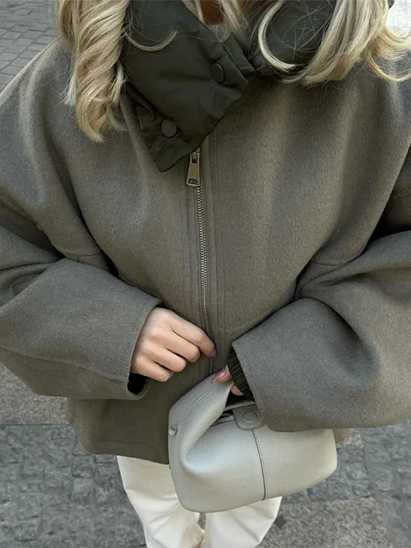Giacca di lana con cappuccio Cappotto Tasca grande Bottone in metallo Pendolarismo Cappotto corto da donna Capispalla in colore a contrasto Camicetta casual ampia 5