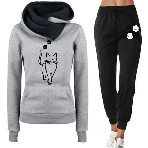 Tuta da donna elegante con stampa gatto Felpe con cappuccio versatili quotidiane Felpe o pantaloni da jogging Casual 2025 Abbigliamento caldo autunno inverno 4