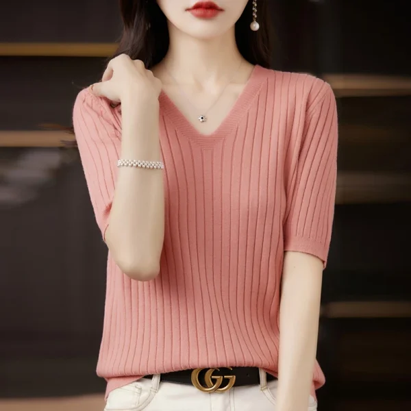Maglione da donna Primavera Estate Manica corta Camicia in maglia con scollo a V Pullover coreani casual Camicia con fondo a righe Maglioni slim fit 4