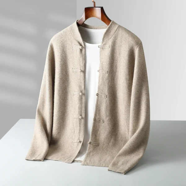 Autunno e inverno nuovo 100% lana merino cardigan da uomo retro Tang suit casual cashmere maglione lavorato a maglia giacca imbottita 1