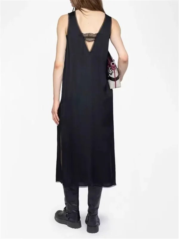 Abito longuette da donna in raso nero 100% viscosa con scollo a V impiombato in pizzo con spacco laterale senza schienale per donna 4