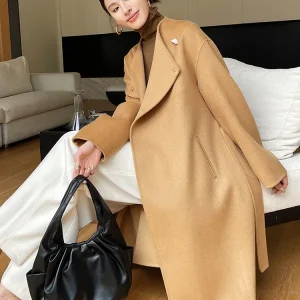 Cappotto di lana con colletto doppio scopo Bottone in corno Cappotto di lana 100% da donna Doppi strati Autunno Inverno Giacca lunga Trench spesso # 23 1