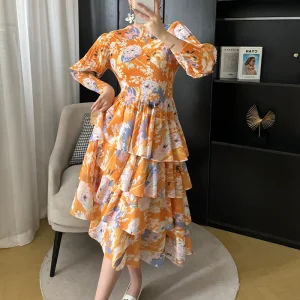2024 primavera abito longuette plissettato nuovo stile straniero stampa gonna a bolle Vintage vita arricciata floreale abiti Slim abbigliamento donna 1