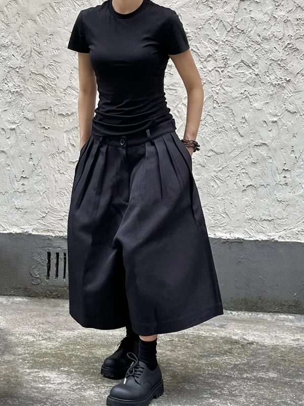 REDDACHiC Pantaloni larghi neri unisex da donna Bloomers a vita alta pieghettati sul davanti tinta unita casual pantaloni corti a gamba extra larga Acubi Fashion 6