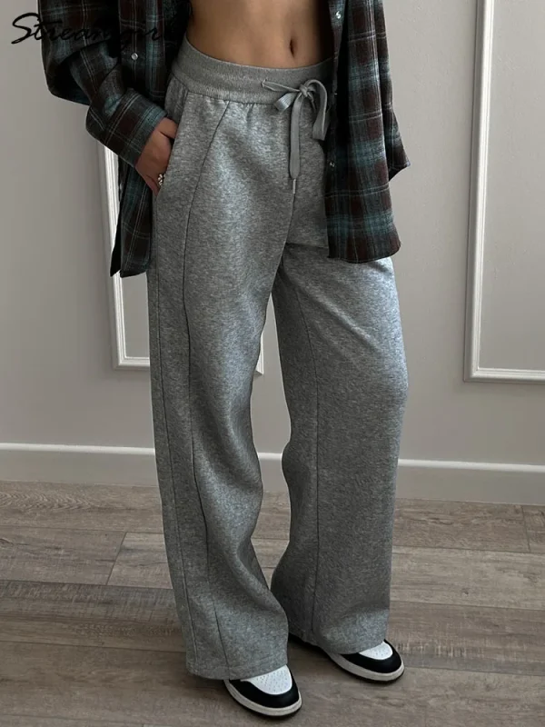 Pantaloni sportivi grigi a gamba dritta Pantaloni neri a gamba larga da donna Pantaloni larghi a vita alta autunnali Pantaloni sportivi da jogging bianchi per le donne 1