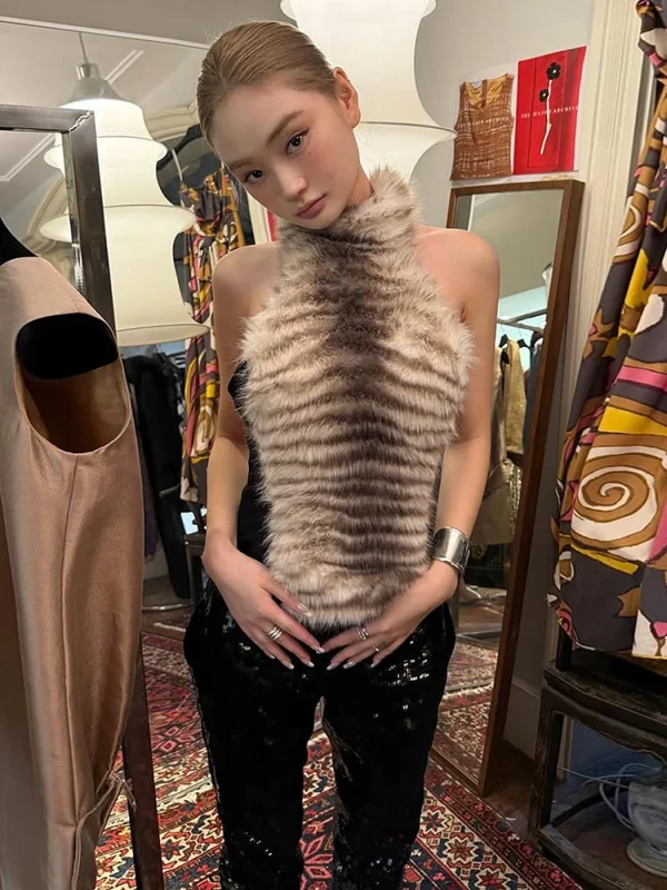 Nibber Backless Tiger Stripes Furry Canotte Donna Autunno Nuova Tendenza Sexy Halter Senza Maniche Patchwork Midnight Party Clubwear 5