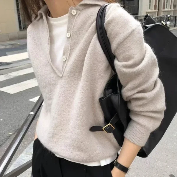 Autunno Inverno Nuovo Maglione delle Donne 100% Lana Merino Lavorato A Maglia Colletto POLO Pullover Casual Camicia A Maniche Lunghe Abbigliamento Donna Magliette E Camicette 3