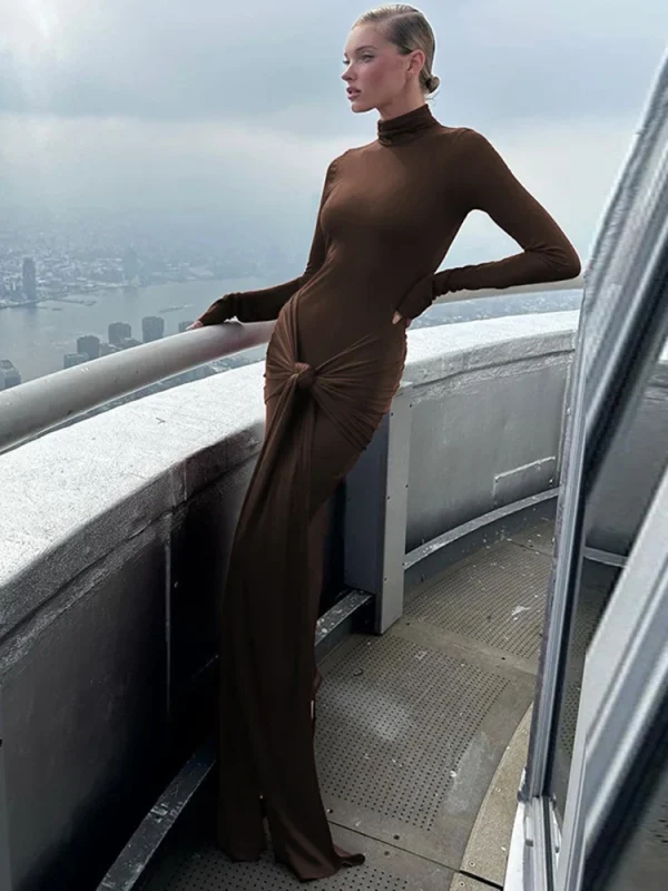 Dulzura Abito lungo a maniche lunghe con collo alto per donna Abito lungo a portafoglio aderente Abiti da club sexy per feste 2024 Compleanno primavera estate 3