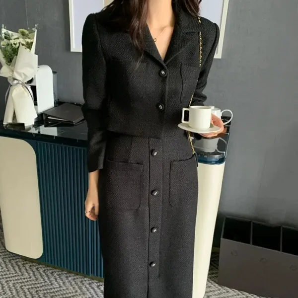 Insozkdg corea Chic Vintage elegante donna vestito giacca gonna monopetto cappotto corto vita alta lungo Hip Tweed gonna divisa Set 3
