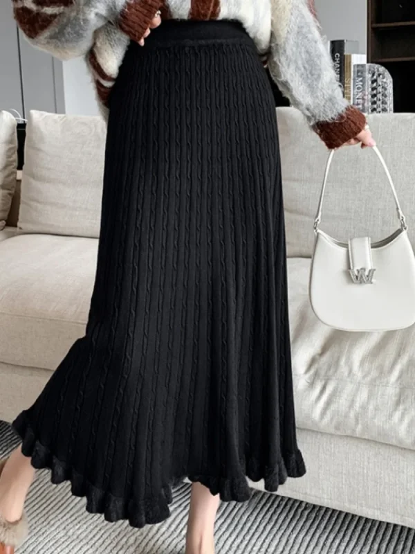 SMTHMA Gonna in pelliccia di visone per donna 2025 Nuovo autunno inverno Gonna elastica a vita alta lavorata a maglia Gonna a pieghe con volant medio da donna 3