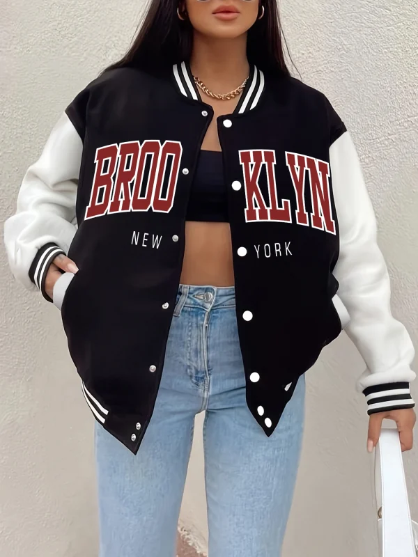 Brooklyn New York 1898 Art Letter Stampa Maglia da baseball Bottone femminile Giacca in pile Autunno Abbigliamento casual Abbigliamento sportivo allentato Donna 1