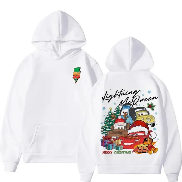 Felpa con cappuccio Disney Cars Christmas Lightning McQueen, stampa festosa di cartoni animati, top ampio casual a maniche lunghe autunno inverno unisex 3
