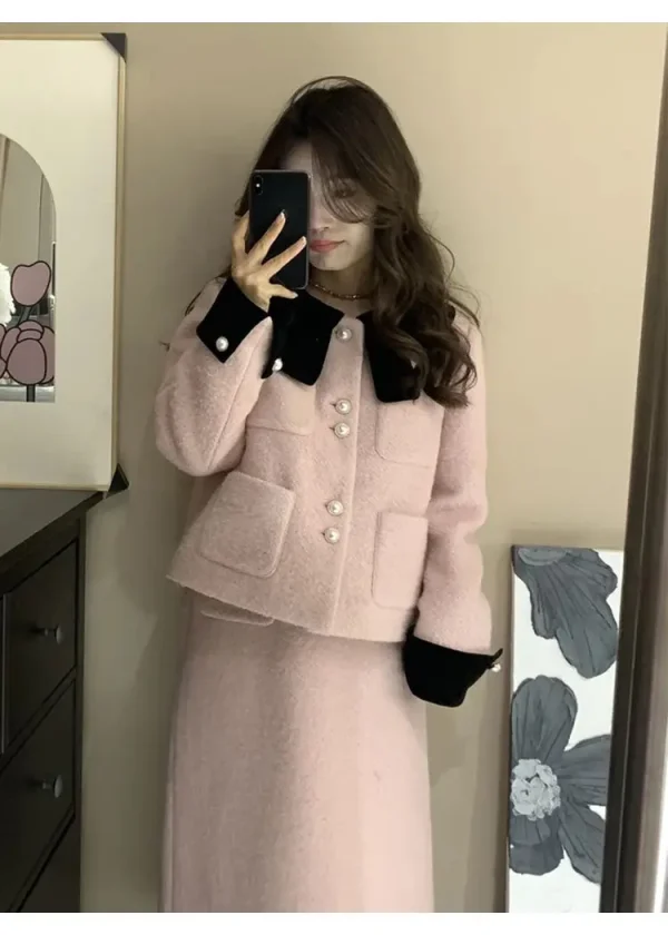 Plus Size Socialite elegante giacca da donna autunno e inverno Chubby Girl High Sense Coat Top gonna corta/lunga Set a due pezzi 5