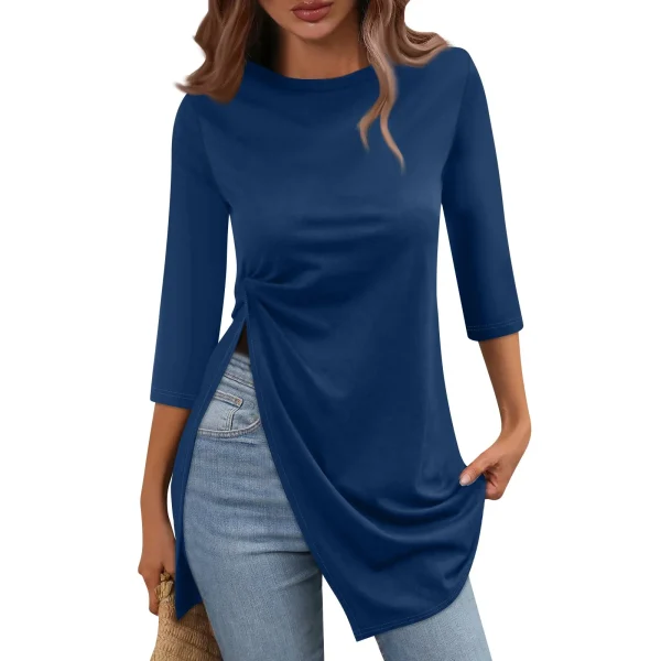 T-shirt da donna estiva minimalista tinta unita moda Casual con orlo diviso girocollo manica a tre quarti top Skinny traspiranti 3