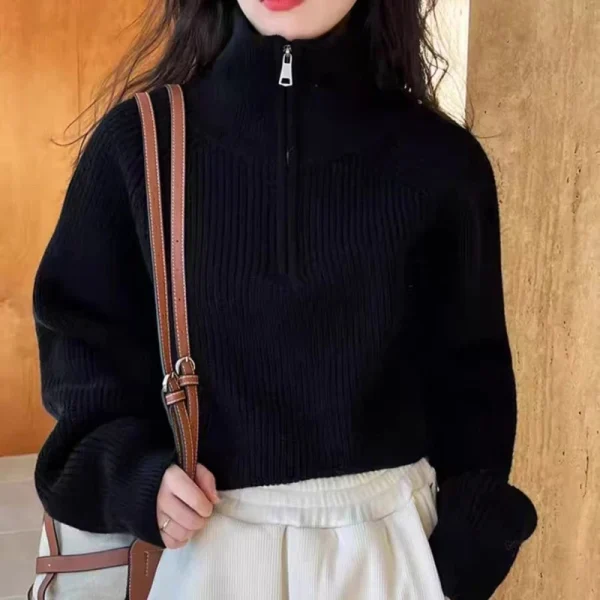 2025 New Fashion Mezza Collo Alto Cerniera Maglione Lavorato a Maglia Maglione di Colore Solido delle Donne Casual Allentato Crop Top in Maglia Elegante Pullover 2