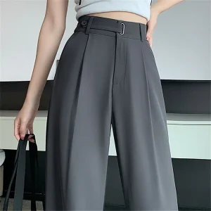 Seoulish Pantaloni Casual da Donna Estivi Pantaloni a Gamba Larga Elegante Office Lady 2024 Nuovo Colore Solido a Vita Alta Pantaloni Allentati Femminili 1