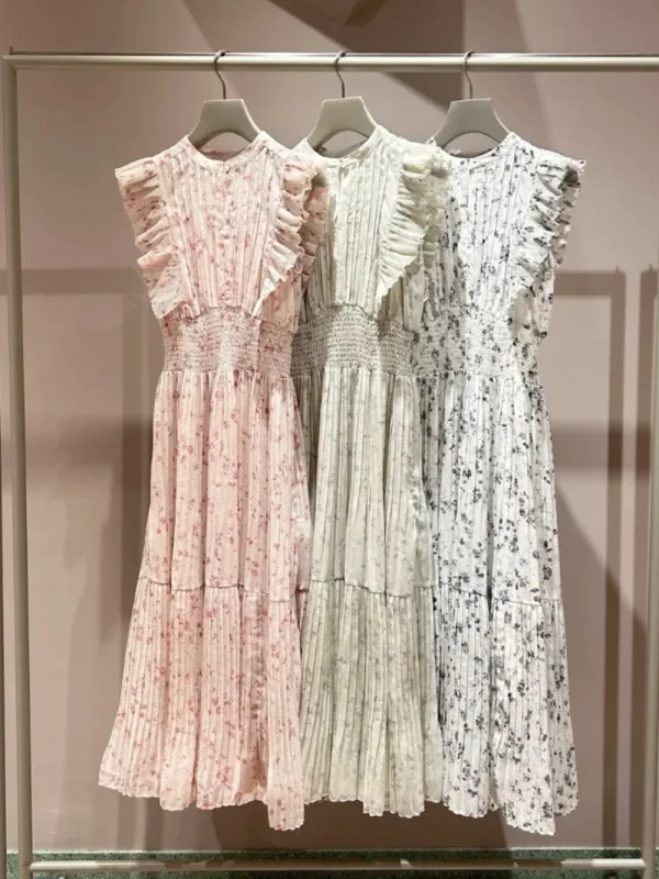 Kuzuwata Nuovo Dolce O Collo Abito con maniche volanti Increspature Chiffon Stampa Patchwork Abito a pieghe Giappone Elegante Letterario Casual Vestido 2