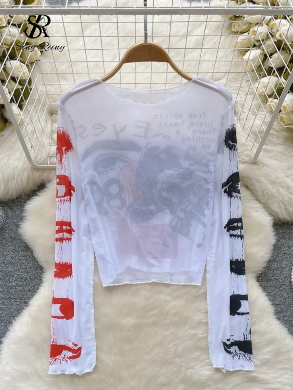 SINGREINY Ins Moda Streetwear Magliette e camicette Lettera Pittura Stampa Americana Retro T-Shirt Delle Donne 2024 Autunno Nuovo Sottile Causale Nozioni di Base Magliette e camicette 2