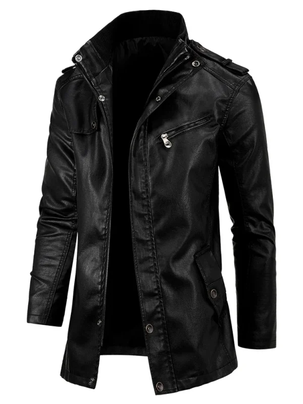Cappotto lungo da uomo uomo autunno moda giacca lunga in pelle con tasca calda uomo inverno casual giacca in pelle vintage stile Inghilterra Parka 1