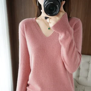 Nuovo maglione da donna con scollo a V in cashmere con scollo in pizzo, design scavato, maglione da donna a maniche lunghe lavorato a maglia casual autunno e inverno 1