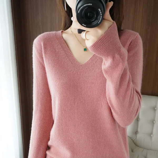 Nuovo maglione da donna con scollo a V in cashmere con scollo in pizzo, design scavato, maglione da donna a maniche lunghe lavorato a maglia casual autunno e inverno 1