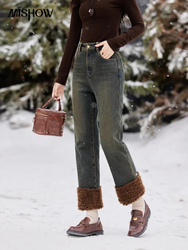 MISHOW Jeans in velluto Bootcut dritto Vita alta Slim Fit Colore Clash Pantaloni Denim spesso Jeans caldi Donna Office Lady MXD58K0828 1