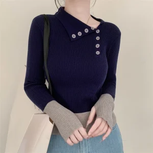 Nuovi arrivi inverno autunno donna T-shirt in maglia maniche logn con fori per le dita slim fit colletto bia bottoni decorativi top da donna 1