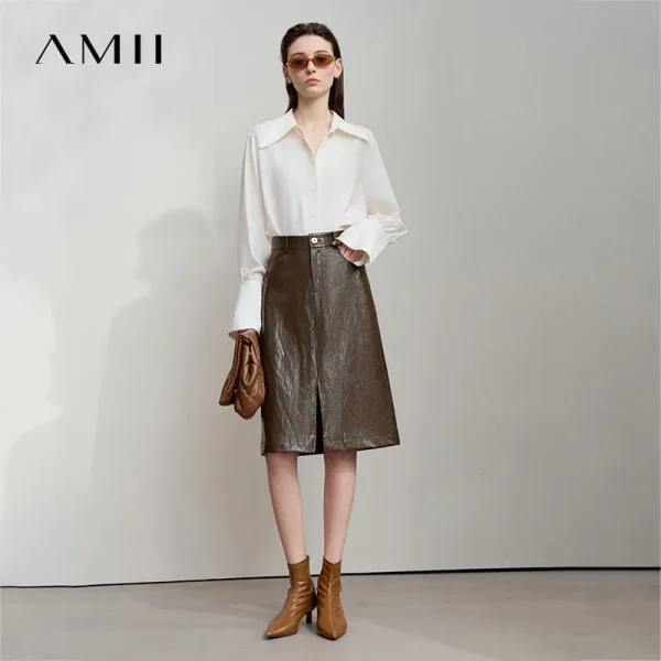 AMII Minimalista PU Gonna in pelle per le donne 2025 Americano Retro Gonna al ginocchio Solid Nozioni di base Abbigliamento donna d'affari 12553014 2