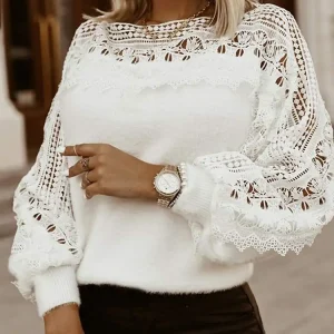 2023 Celmia donna primavera peluche pullover maglioni elegante manica lunga lanterna camicia tunica moda pizzo Hollow pelliccia Top Streetwear 1